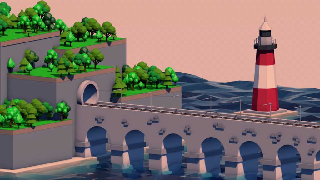 3D анимация пейзажа с поездом в изометрии